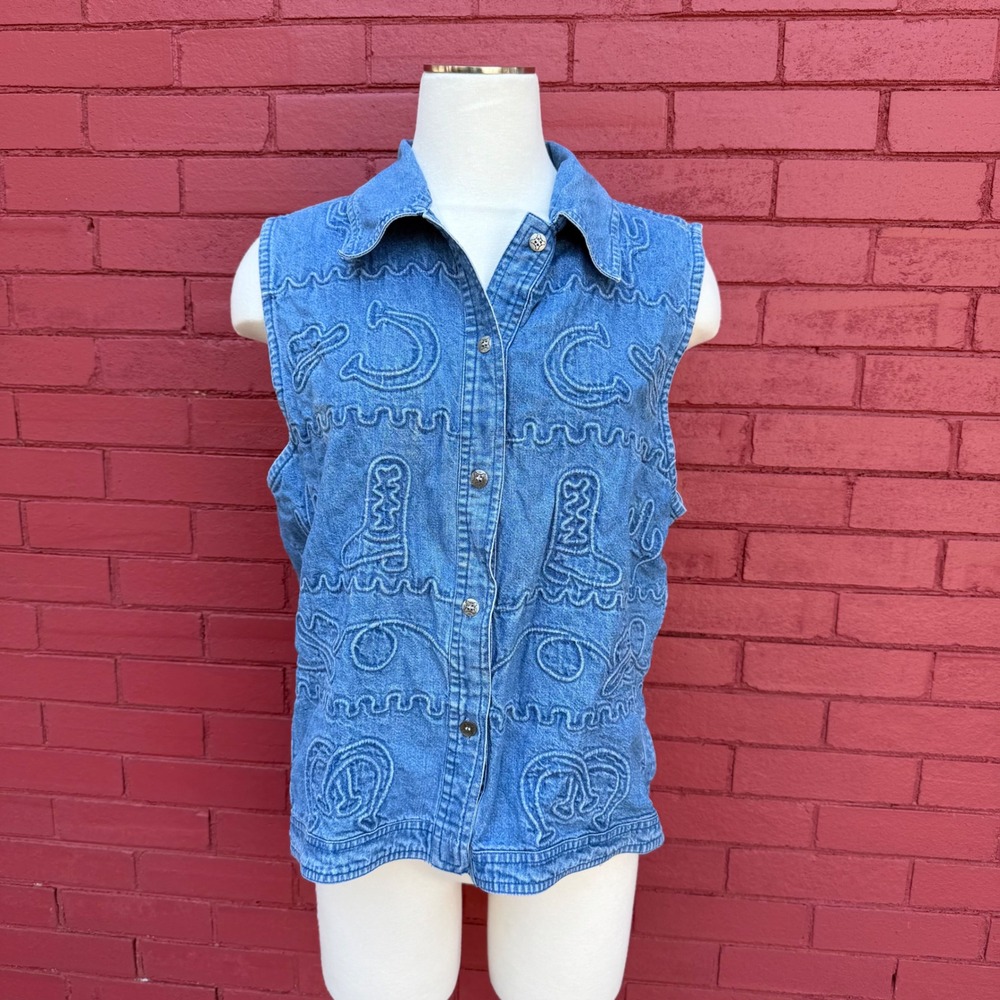 New Directions Denim Vest Womens Large Western Cowboy Embroidered Top Blue